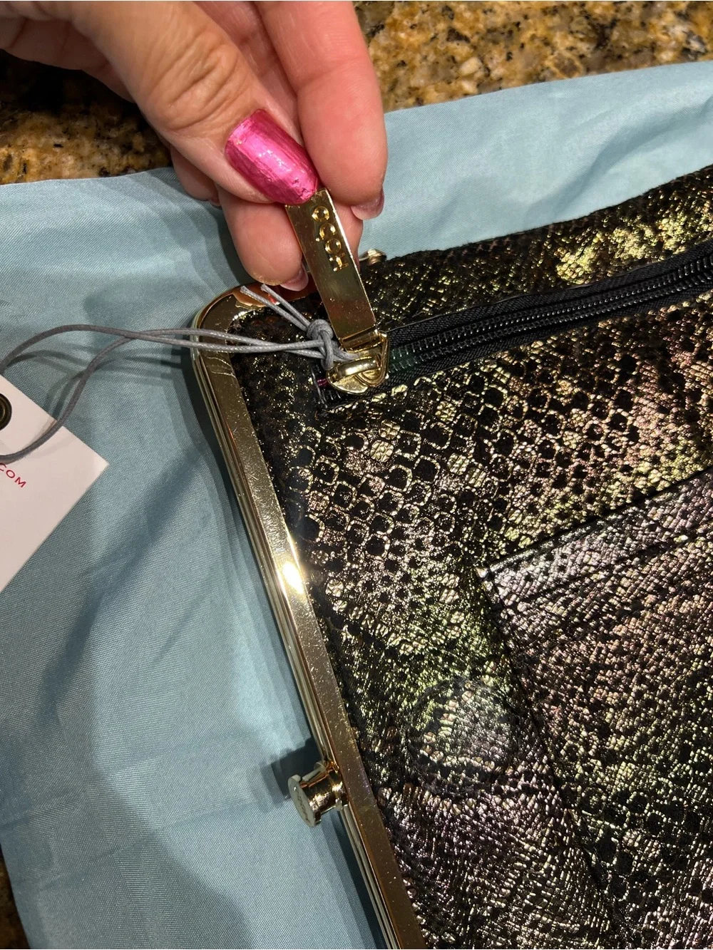 HOBO Iridescent Snake-Embossed Clutch in Brown and Black